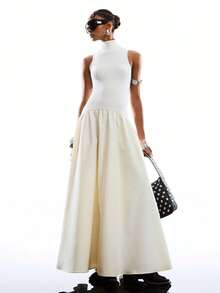 LYSMO 2026 New Arrive Minimalism Spring/Summer Women's Fashion Ribbed Knit Patchwork Turtleneck Sleeveless Dress - Beige - View 5