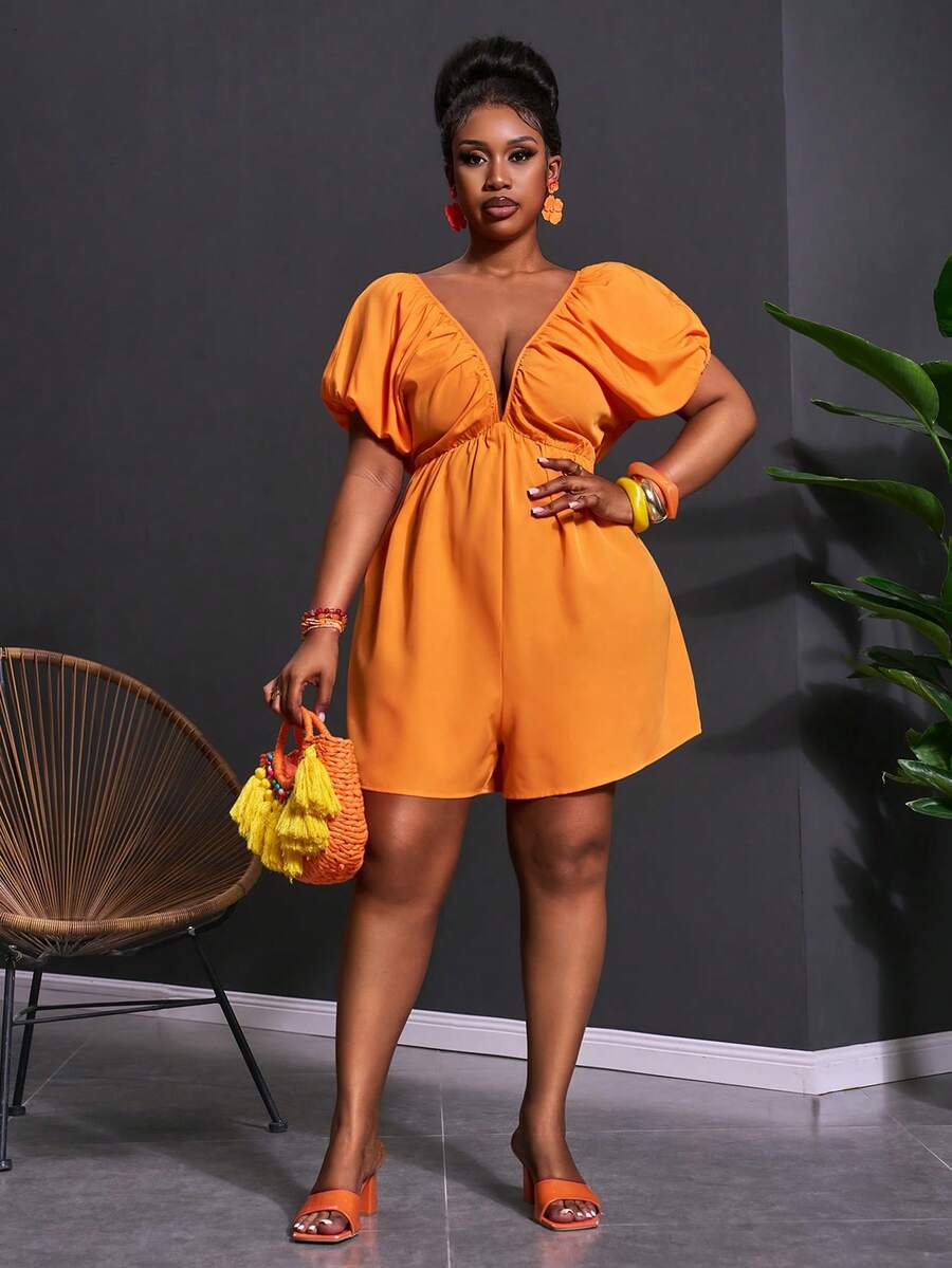 Slaydiva New Early Spring, Spring And Summer Music Festival, Valentine's Day, Easter, Bohemian Style, Nomadic Style, Casual And Simple Basic Style, Cruise Party, Birthday Party, Daily Date, Casual Vacation, Elegant Commuting, Deep V-Neck, Cover Sleeve, Loose Fit, Shorts, Orange Pants, Women's Jumpsuit -A