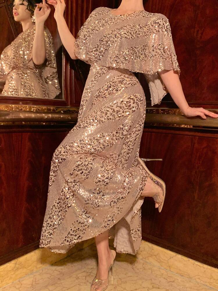 Women's Elegant Sequin Decor Round Neck Mid-Length Dress, Summer Wedding Guest Dress Sparkly Dress Maxi Dress Sundress