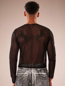 FeverCity 男士时尚性感透视网眼金属孔眼长袖T恤 - 黑色 - 查看 2