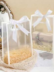 10个可重复使用的透明塑料礼品袋，带丝带，白色PP材质，适用于婚礼、生日派对、婴儿派对、小型企业包装，必备用品 - 白色 - 查看 2