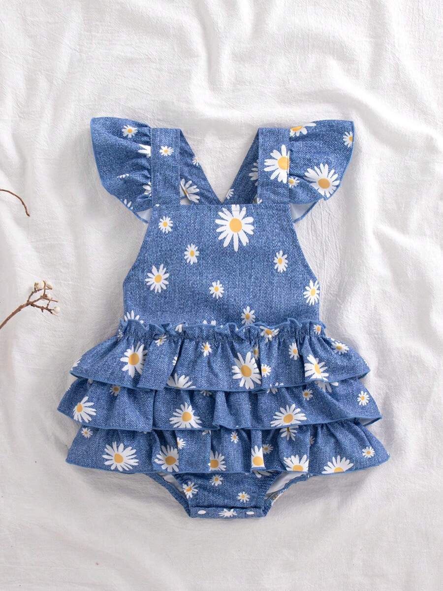 SHEIN Vintaside Kids 女婴可爱趣味舒适梭织面料短袖多层荷叶边吊带连体衣，适合春夏穿着