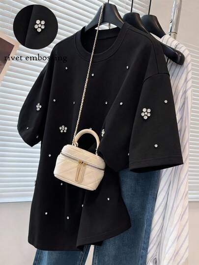 Franclia חולצת טריקו חדשה לנשים עם קישוטי ריינסטון מזדמנים