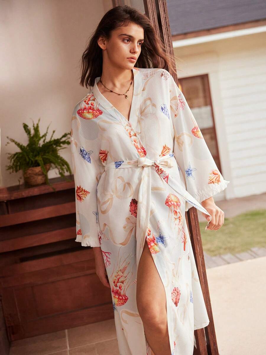 女士海洋元素泡泡褶皱睡袍 - 彩色 - 查看 1