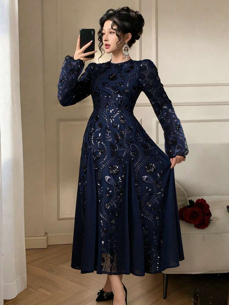 Sequin Mesh Patchwork Waist Midi Dress For Women Sparkly Dress Sundress