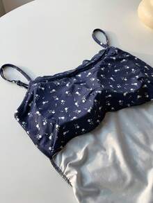 Comfortcana Đầm slip ren họa tiết hoa nhí phối màu tương phản dành cho nữ, thích hợp cho kỳ nghỉ hè. - Màu xanh hải quân - Xem 6