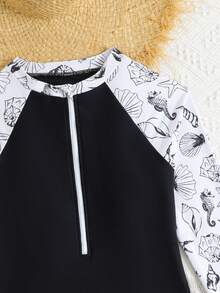 SHEIN Áo tắm liền thân cho bé gái tuổi teen, trang trí nơ đen, đồ bơi thời trang dự tiệc bãi biển. - Đen và trắng - Xem 6