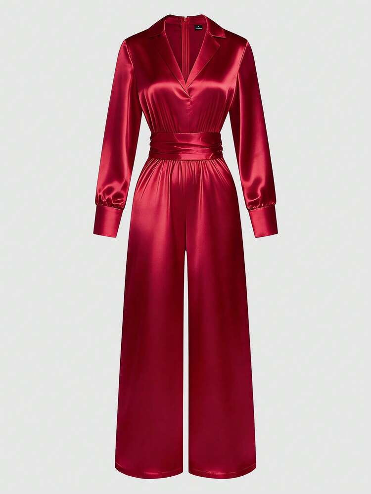 Franclia Women's Elegant Solid Color Belted Jumpsuit Red Outfit For Women Woman Outfits Sets Red Suits For Woman Rich Women Outfits Rich Woman Clothes - Burgundy - View 3