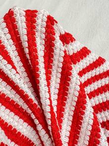 Sunnyshic Women's Red & White Striped Knit Jacquard Fabric V-Neck Short Sleeve Fitted Cropped T-Shirt, Elegant Casual Vacation Outfit, Spring/Summer - Red and White - View 7