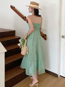 DAZY Women's Green Spaghetti Strap Vacation Glitter Mesh Midi Dress - Green - View 6