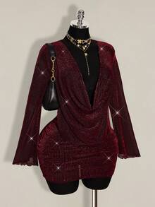 SHEIN ICON Plus Size Women's Plunging Neck Gold Mini Party Dress Burgundy Outfit Women Red Sparkly Dress - Burgundy - View 6