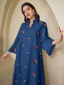 Al Najma 女士土耳其长款束腰外衣和阿拉伯传统长袍连衣裙，卡夫坦长袍和贾拉比亚长袍 - 藏蓝色 - 查看 3