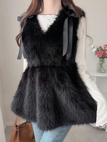 FRIFUL Women's Colorblock Sleeveless V-Neck Fuzzy Fabric Shoulder Tie Cinched Waist Drawstring Loose Casual Versatile Tank Top, Autumn/Winter - Black - View 2