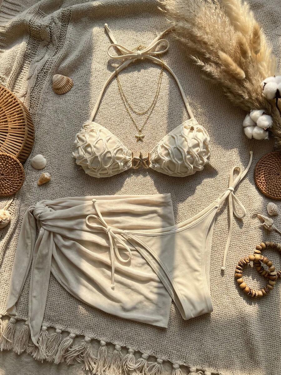 Swim Vcay Women's Swimsuit Set, Fashionable, Sexy, Influencer Style, Beach, Vacation, Starfish Sexy Bikini With Mesh Coverup Skirt Bikini Set Beach Skirt Set Seashell Bikini Bathing Suit 3 Piece Set Three Piece Swimsuit Set 3 Piece Set Bikini Cream Three Piece Swimsuit Set Cream Two Piece Set Beach Two Piece Set