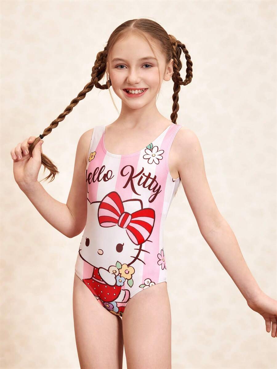 HELLO KITTY AND FRIENDS | SHEIN 1件少女可爱休闲卡通条纹图案连体泳衣 - 彩色 - 查看 1