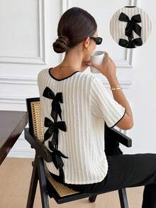 Serisse Women's Contrast Color Bow Decor Round Neck Short Sleeve T-Shirt,Women's Summer Short-Sleeved Top With A Bow Detail On The Back,Color-Blocked Trim T-Shirt,Apricot Loose Fit Short-Sleeved T-Shirt,Vertical Striped Crepe Textured Stretch Fabric,Elegant French-Style Versatile Top.Summer Outfit Women,Beach Outfits For Women,Going Out Top,Vacation Outfits Women,Summer Holiday Outfits,Holiday Outfits For Women Casual Resort - Blue and White - View 3