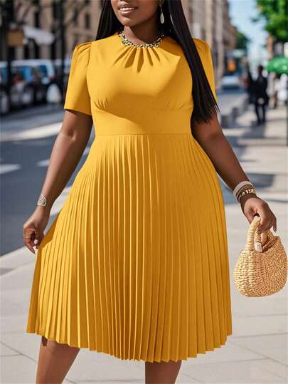 Slaydiva Sukienka damska w dużym rozmiarze, jednokolorowa, krótka, z bufiastymi rękawami i plisowanym dołem