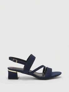 CUCCOO BIZCHIC Giày sandal mũi tròn màu xanh hải quân dành cho nữ, kiểu dáng thanh lịch kiểu Pháp, quai ngang dày, gót cao, phù hợp với váy mùa hè. - Màu xanh lam - Xem 2