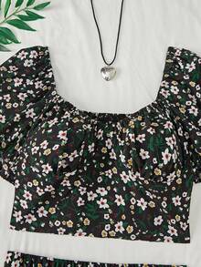 SHEIN MOOSTA 2pcs/Set Ditsy Floral Puff Sleeve Top And Mini Skirt - Black - View 4
