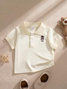 Souflis Souflis Newborn Baby Boy French Style Beige Short Sleeve Polo Shirt,Bear Embroidery White Summer Cute Carrer Day Outfit,Fashionable Clothes For School Play - Apricot - View 4
