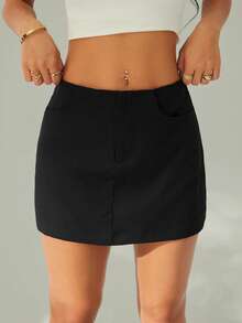 SHEIN PETITE Summer Going Out Solid Low Waist Straight Black Mini Skirt - Black - View 5