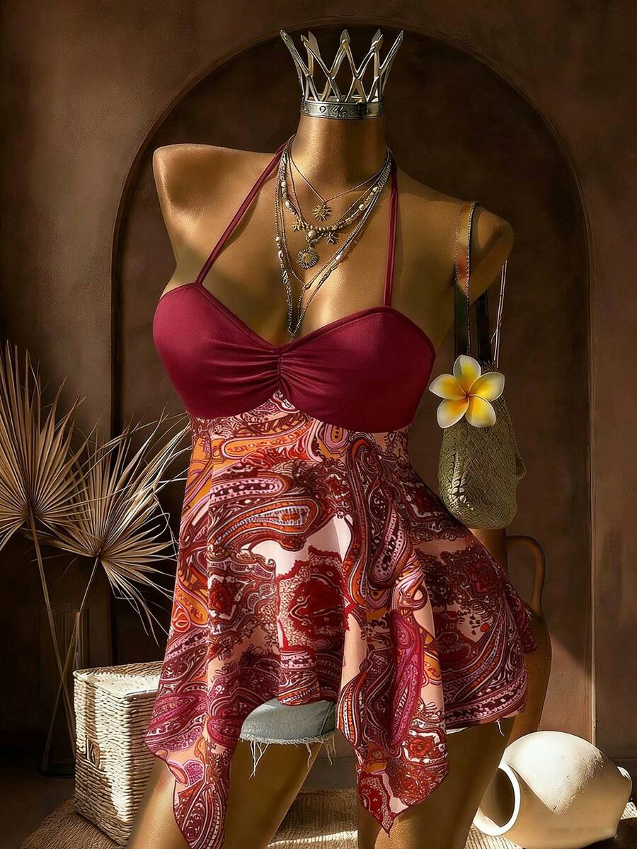 Elin Vora Áo nữ mùa hè/xuân mới, kiểu dáng đi biển, phong cách Y2K, thích hợp cho lễ hội âm nhạc, tiệc tùng, hội bạn gái, lễ hội âm nhạc Kocher, kỳ nghỉ biển, lễ hội âm nhạc Y2K, áo gợi cảm, tiệc tùng, hội bạn gái, phong cách nghỉ dưỡng, áo cổ yếm bất đối xứng, áo dự tiệc, đi chơi, kỳ nghỉ, màu đỏ tía, họa tiết Paisley, áo vạt bất đối xứng, áo cúp ngực, áo gợi cảm, áo viền bèo nhún, áo in họa tiết Bohemian, phong cách Boho.