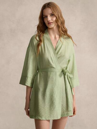 Women's Solid Color Minimalist V-Neck Long Sleeve Robe, Everyday Wear