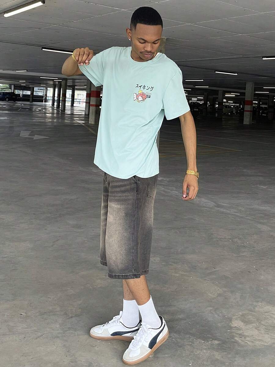 Ngobest Haus Ngobest Haus 男士浅绿色卡通鱼、字母、拉面、数字印花圆领短袖 T 恤，休闲日常穿着 - 綠色 - 查看 1