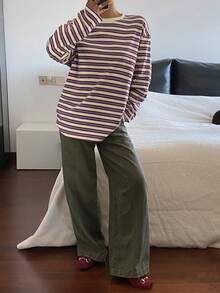 女士条纹印花宽松圆领长袖T恤 - 紅色 - 查看 3