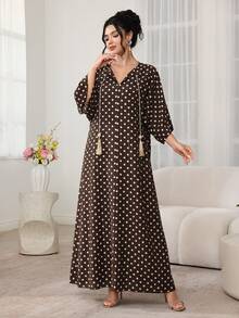 Yasmyna 女士端庄优雅阿拉伯风格中长连衣裙，配棕色、金色和银色串珠腰带，春夏款 - 棕色 - 查看 3