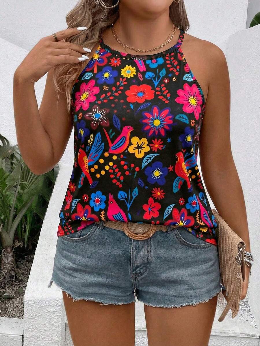 EMERY ROSE Atasan Tank Top Wanita Motif Bunga Terbaru, Tanpa Lengan Leher Bulat, Ukuran Plus Terlaris, Musim Semi/Panas - MultiWarna - View 1