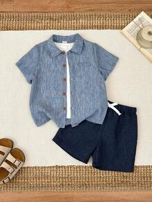 2pcs/Set Young Boy Spring/Summer Casual Short Sleeve Shirt And Shorts Outfit Boys Woven Short Sets Boy Linen Outfit Boy Shirt Set - Dusty Blue - View 3