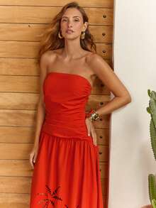 CAJUNI 女士度假棕榈树镂空设计时尚无肩带连衣裙 - 亮橙色 - 查看 1