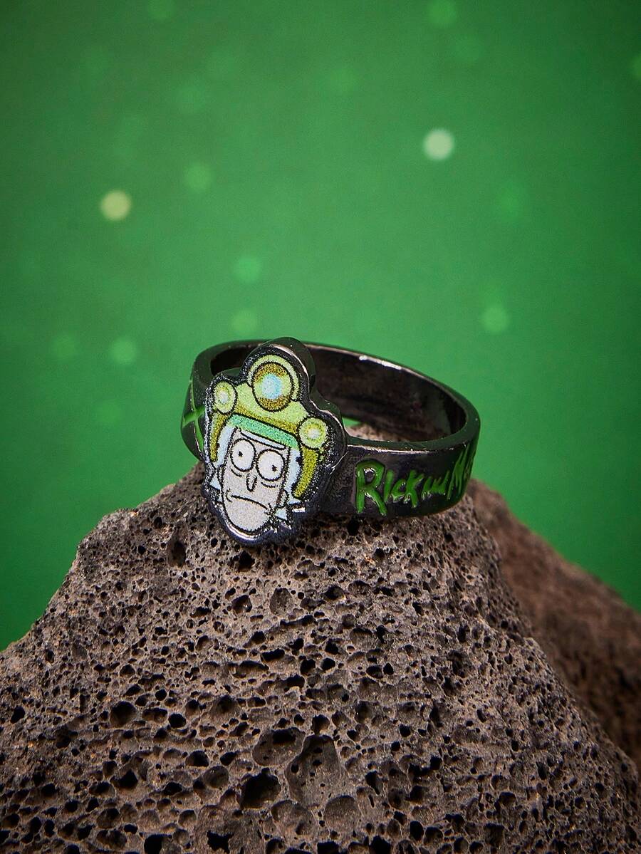 Rick and Morty X SHEIN 跨境热销锌合金卡通动物图案印花戒指，小众高端感，简约大气，适合各种派对、音乐会、节日等场合。 - 槍黑色 - 查看 1