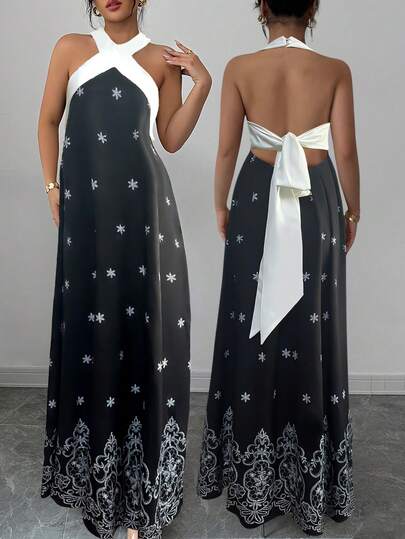 Rafferiza 女士夏季法式休闲度假设计撞色拼接露背蝴蝶结吊带长款印花休闲连衣裙