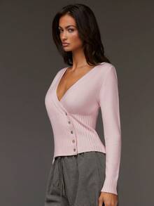 Athîral 女士休闲纯色交叉裹身长袖舒适针织上衣 - 淺粉色 - 查看 5