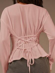 Athîral Women's Solid Color Minimalist Waist Cinching Long Sleeve T-Shirt - Baby Pink - View 6