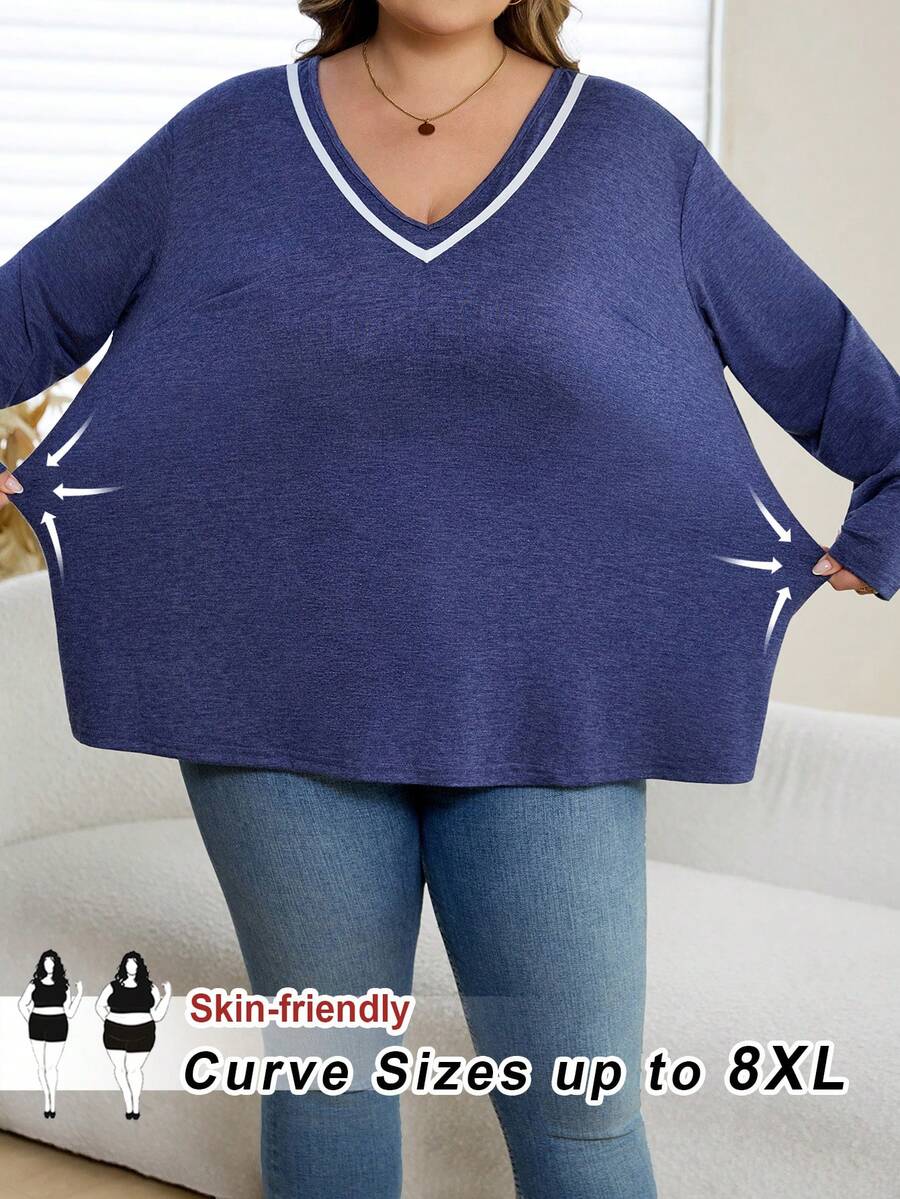 SHEIN CURVE+ Talla grande US22 Camiseta de punto de manga larga con cuello en V y borde acanalado en contraste, ideal para festivales de música, vacaciones en la playa y estilo bohemio - Neblina azul - Ver 1