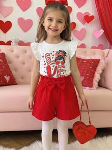 SHEIN 2 件套年轻女孩夏季套装，带情人节图案短袖圆领 T 恤和直腰抽绳短裤，简约休闲日常装 - 紅色 - 查看 3