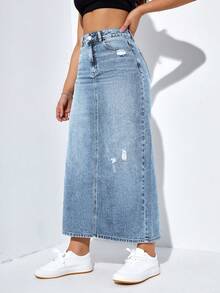 EMERY ROSE Plus Size Women Casual Fashion Street Chic Daily Commute High Waist Distressed Slit Hem Denim Skirt - Blue - View 6