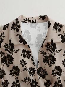 Franclia 优雅时尚印花衬衫和百褶中长裙两件套，适合叠穿或单穿，秋冬款 - 卡其色 - 查看 3