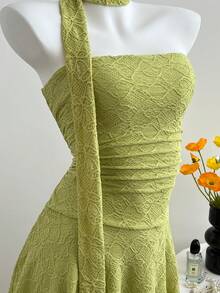 Elamini Y2K Sexy Asymmetric Hem Textured Fabric Mini Dress - Green - View 5