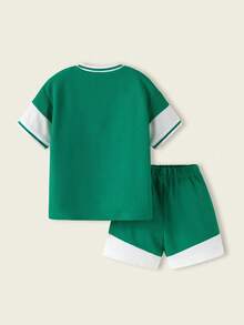 Casuvi Kids Young Boys Colorblock Drop Shoulder Tee Set,American College Style Graphic Print Loose Fit Summer School 2-Piece Outfit,Kids Sports Soccer Jersey Kit - Dark Green - View 2