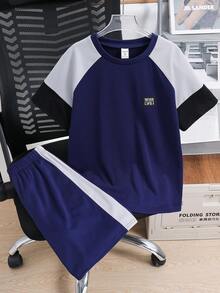 SHEIN Tween Boy Casual Color Block Raglan Sleeve T-Shirt And Shorts Set, Suitable For Commuting, School, Daily Casual Wear, Sports, Spring/Summer - Royal Blue - View 3