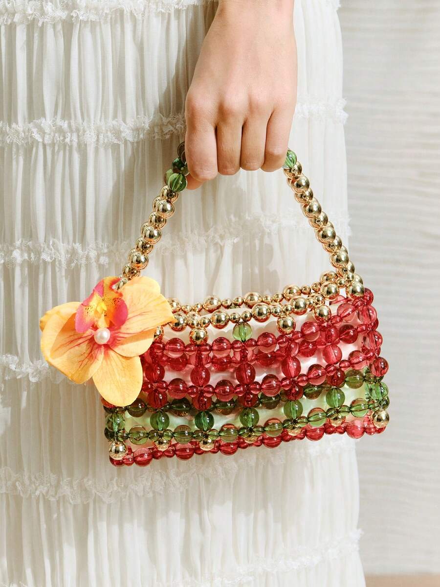 SHECARRY Túi xách nữ quai cầm phía trên, túi xách đính hạt nhiều màu sắc, trang trí hoa, thời trang, thanh lịch, đơn giản, cá tính, đa năng, thích hợp cho đi biển, kỳ nghỉ, du lịch, mùa hè, ven biển, tiệc bãi biển. - Đỏ - Xem 1