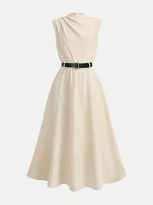 SHEIN NovaGlow Tween Girl Tween Girls Casual Chic Commuter Stand Collar Flounce Waist Apricot A-Line Dress, Comes With Belt - Beige - View 3