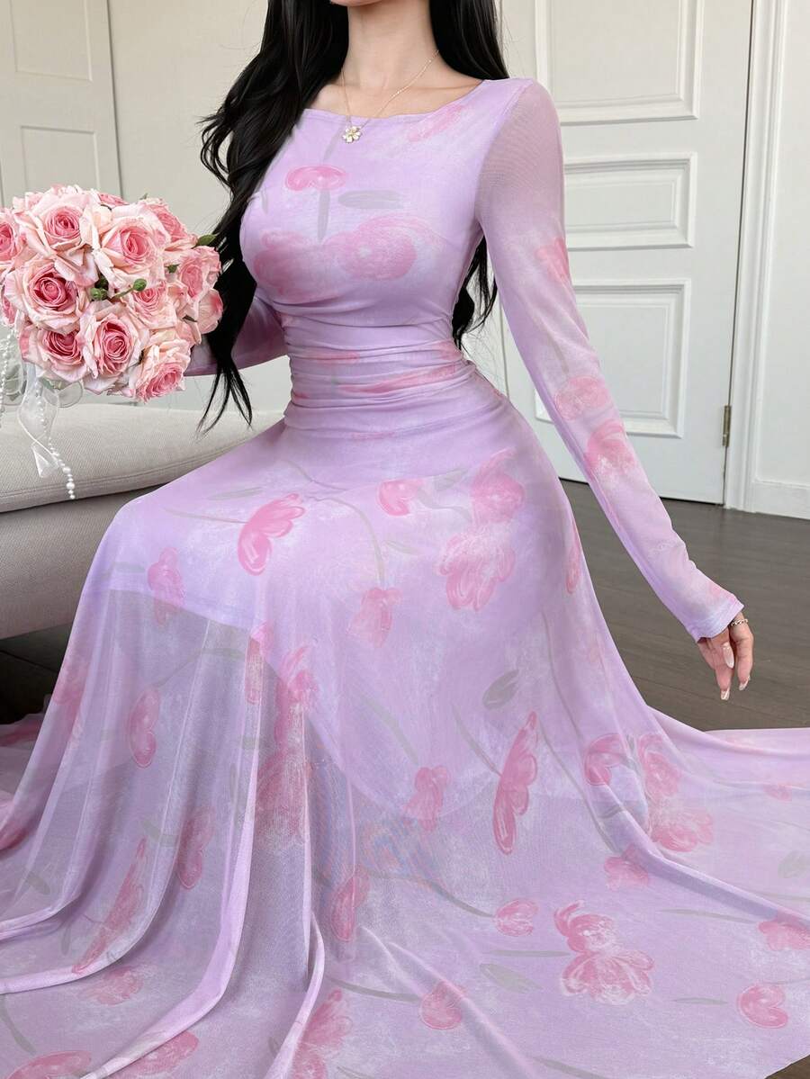 DAZY Vestido largo elegante y ajustado con estampado floral para mujer, vestido de verano de manga larga y cuello redondo - Caqui - Ver 1