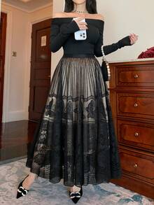 DAZY Women's Lace Patchwork A-Line Long Skirt, Elegant Skirt - Black - View 8