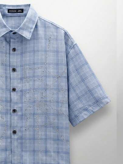 NEON BLANC Men's Street Fashion Woven Rhinestone Spider Web Plaid Short Sleeve Shirt
