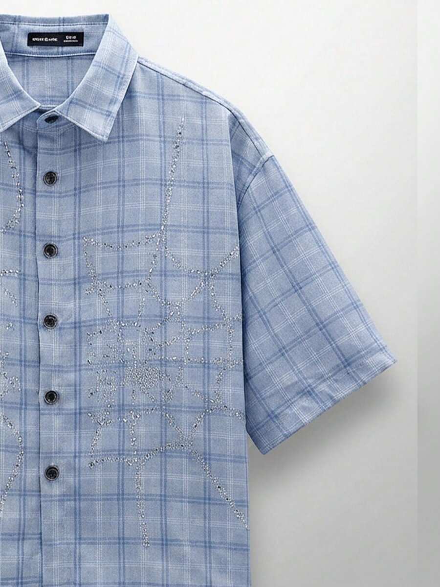 NEON BLANC Camisa de manga corta con estampado de cuadros, tela tejida y aplicaciones de cristales en forma de telaraña, para moda urbana de hombres - Morado - Ver 1
